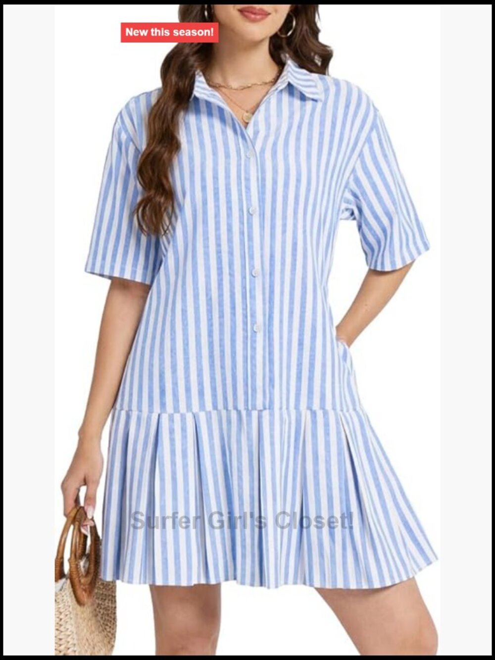 Striped Button Up Mini Dress with Pockets - 55% Cotton 45% Polyester Summer